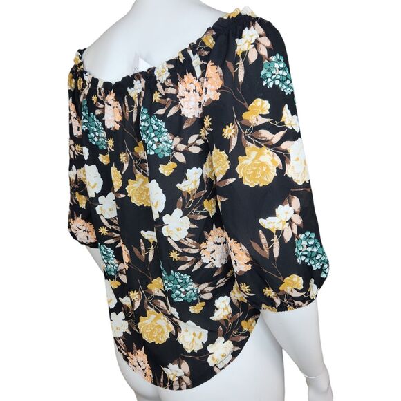 Rue 21 Women's Small Blouse Off-The Shoulder Keyhole Neckline 3/4 Sleeves Floral - Picture 8 of 13